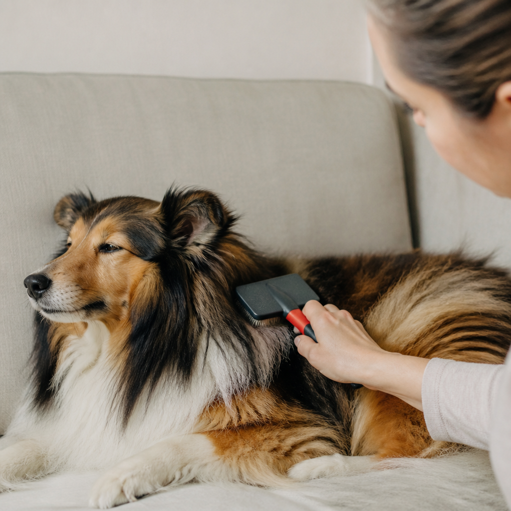 Brossage à la carde d'un chien à poil long, une mèche soulevée à la main pour brosser la couche située en dessous