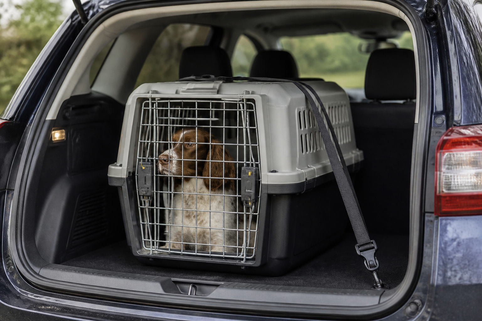 Cage de transport rigide sanglée dans le coffre d'un break, hayon ouvert et sangles d'arrimage visibles