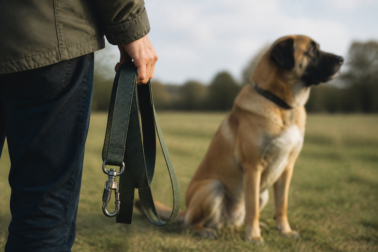 Laisse en sangle large et mousqueton à bague vissée tenus en main devant un grand chien assis