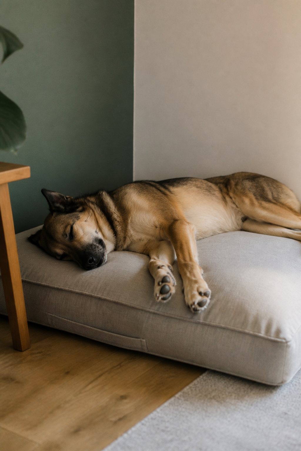 Grand chien allongé sur le flanc sur un matelas épais à housse déhoussable, posé dans un angle de pièce